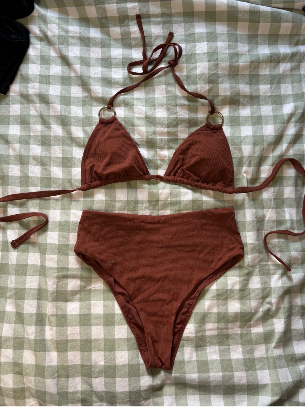 Textured Terracotta Rust Orange-Brown High-Waisted O-Ring Bikini Set